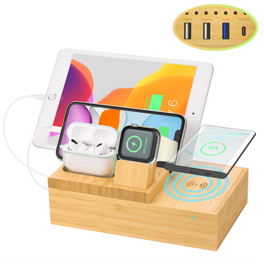 5 in 1 bamboo wooden charging dock station multifunctional charging phone holder
